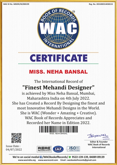 Bollywood actress Neha Bansal’s name entered in WAC Book of Records International as Worlds Finnest Mehndi Artist